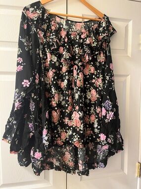 Free People Black Floral Off-Shoulder Blouse with Pink & Purple Roses
